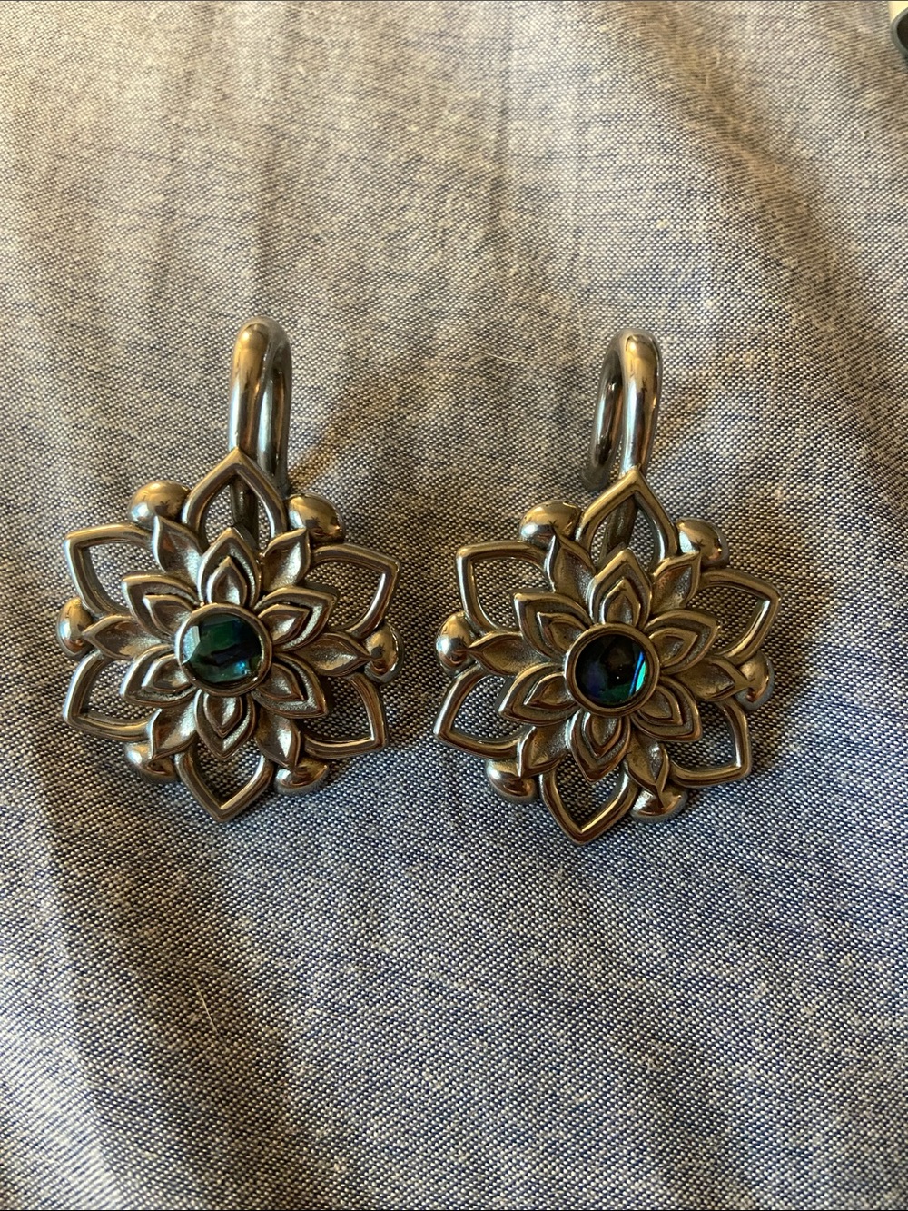 Silver Floral Drop Earrings with Green Center Gem (stretched ears)
